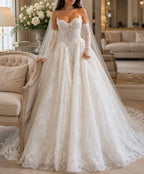 Modest bridal gown with sweetheart neckline and detailed lace bodice