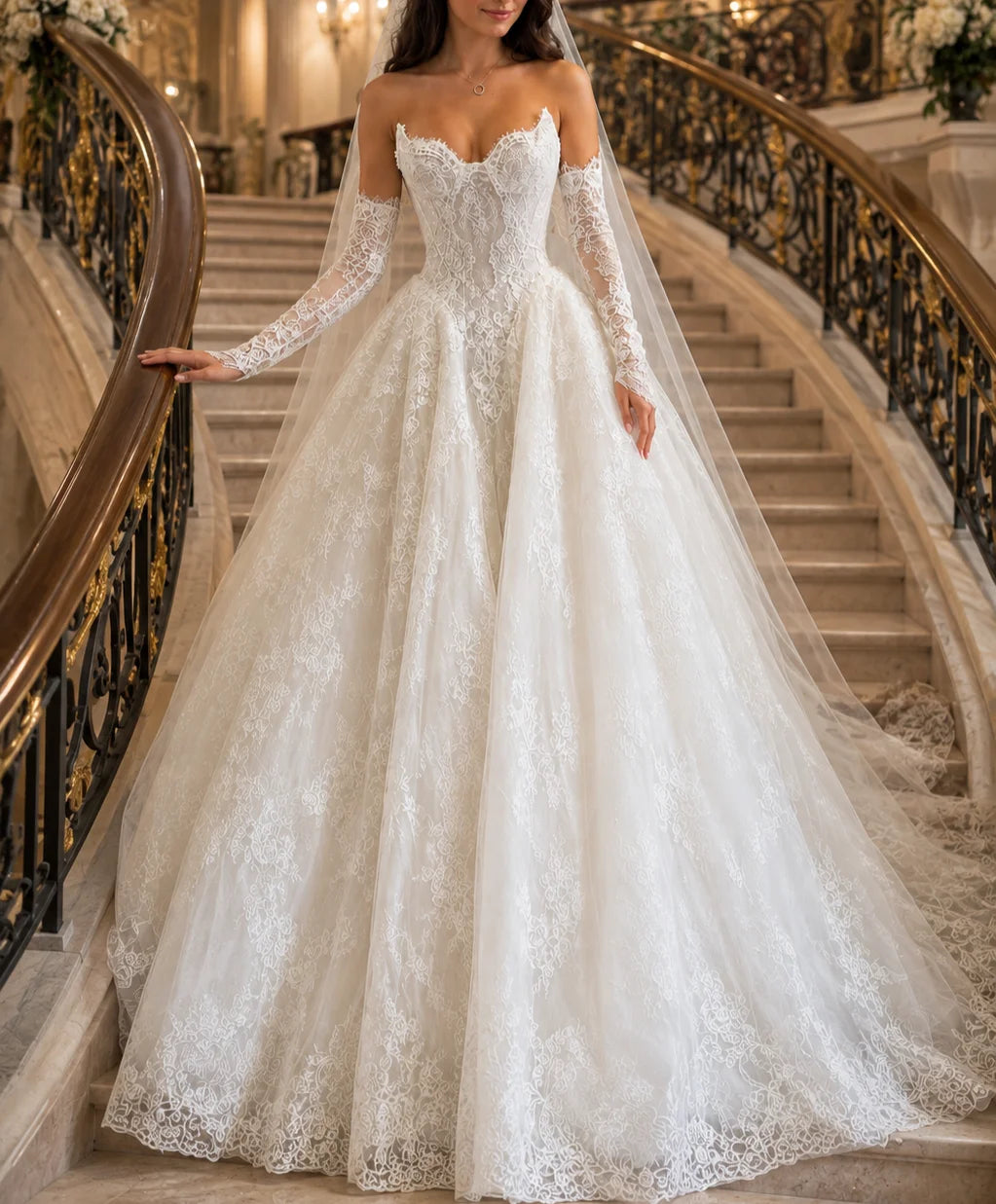 Princess-inspired wedding dress with pearl embellishments and full skirt