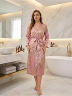 Long Floral Bridal Kimono Robe – Satin Dressing Gown