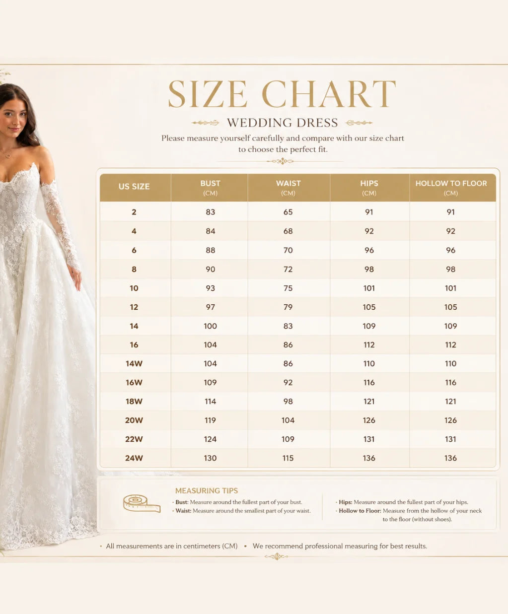Wedding dress size chart showing bust, waist, hips and hollow-to-floor measurements
