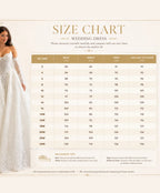 Wedding dress size chart showing bust, waist, hips and hollow-to-floor measurements